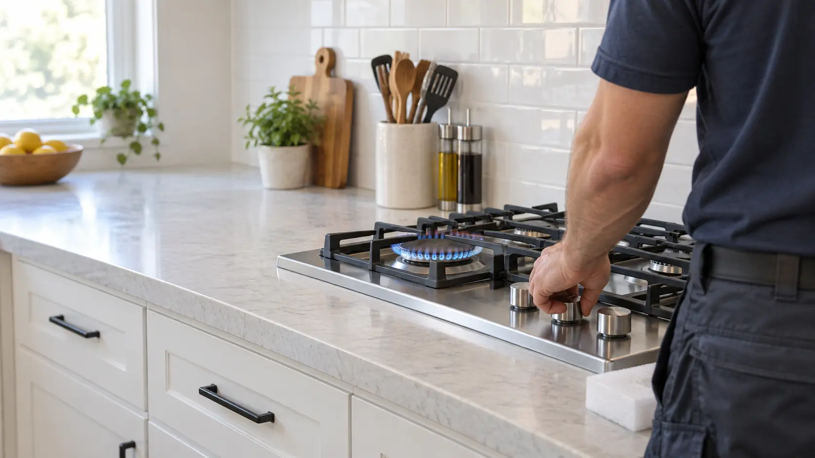 A technician's hands, seen from behind and shoulders down, turn the first knob on a newly fitted stainless gas cooktop in a bright US kitchen while a blue flame rises on the gas cooktop's front burner, packing foam at the edge of the counter, indoors.
