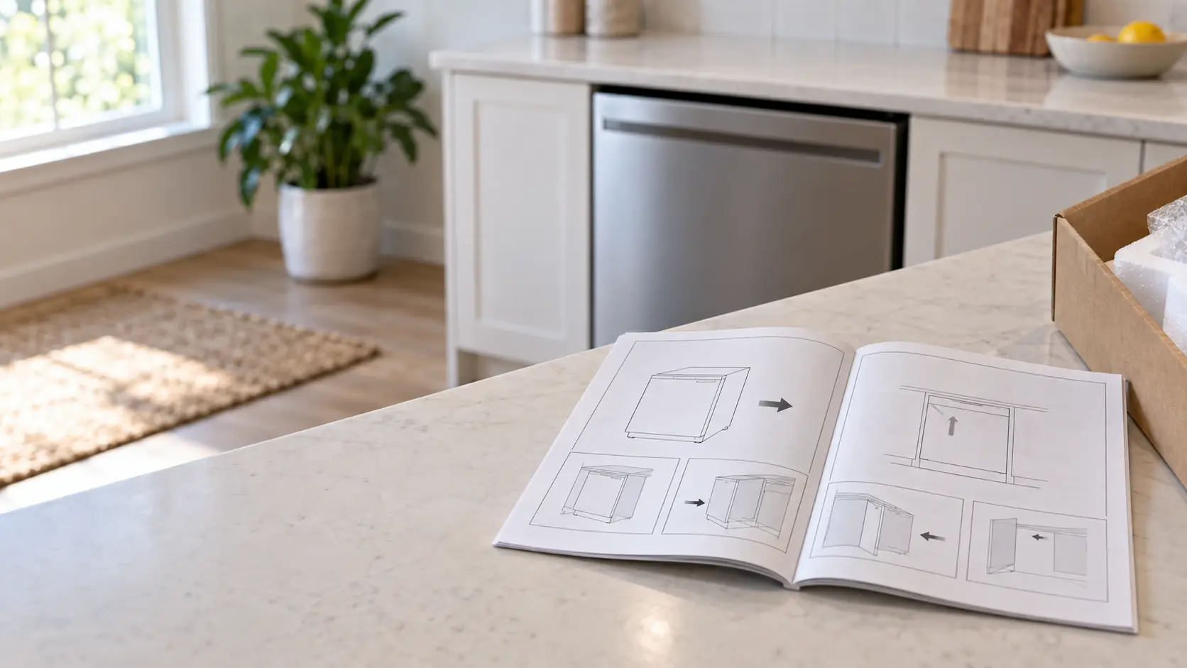 An installation instruction booklet with plain diagrams and no readable text open on a kitchen counter.