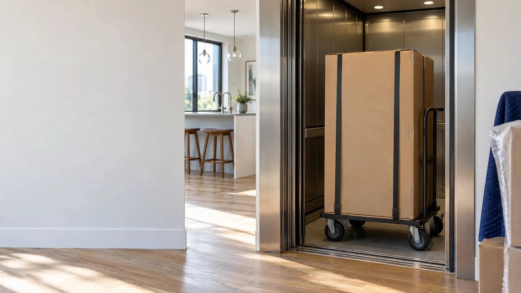 A city apartment building's service elevator with a boxed appliance on a dolly inside.