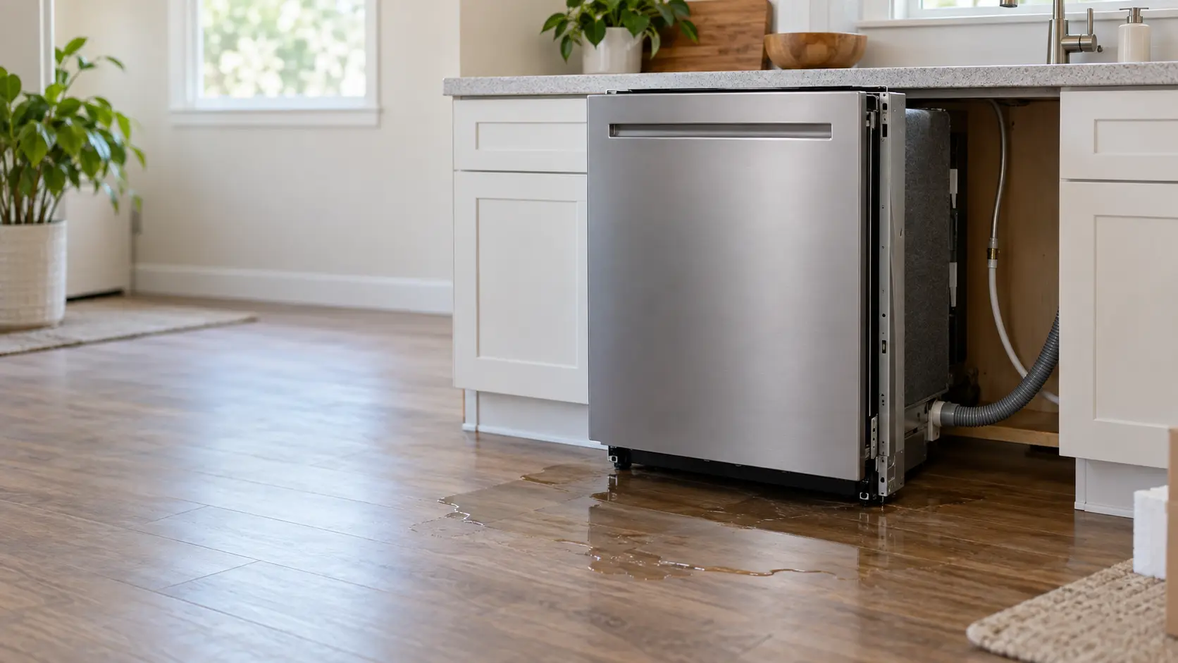 Water pooling on a kitchen floor in front of a newly installed dishwasher.