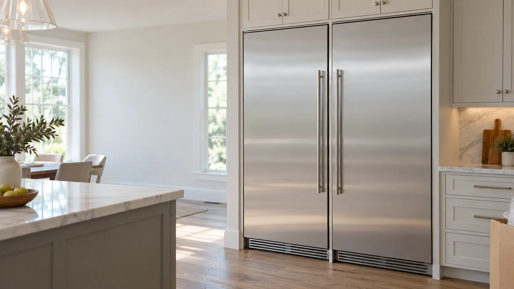 A new built-in refrigerator and freezer column pair installed flush in a kitchen wall.