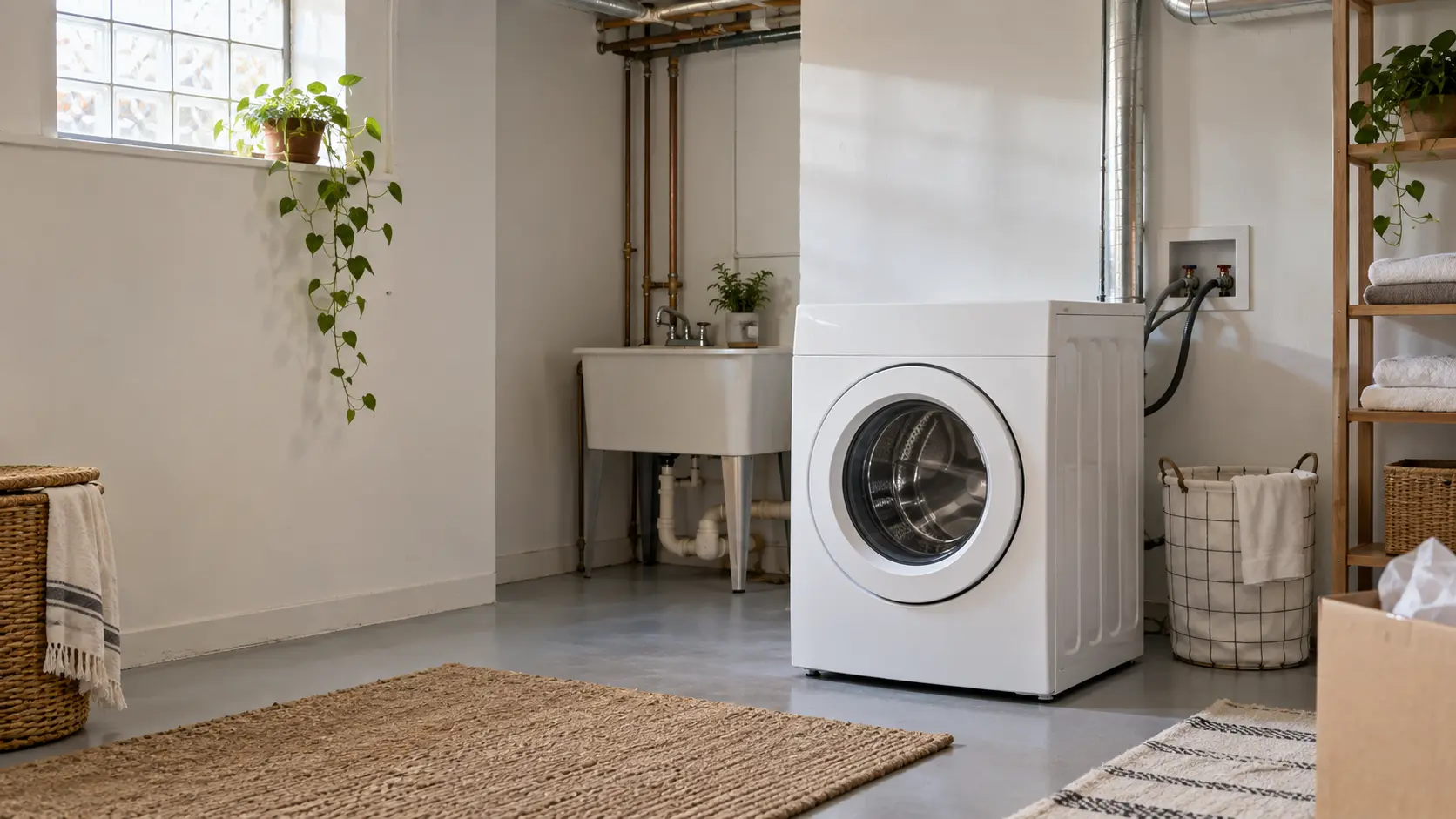 A Chicago two-flat basement laundry with a new washer going in, seen from across the room.