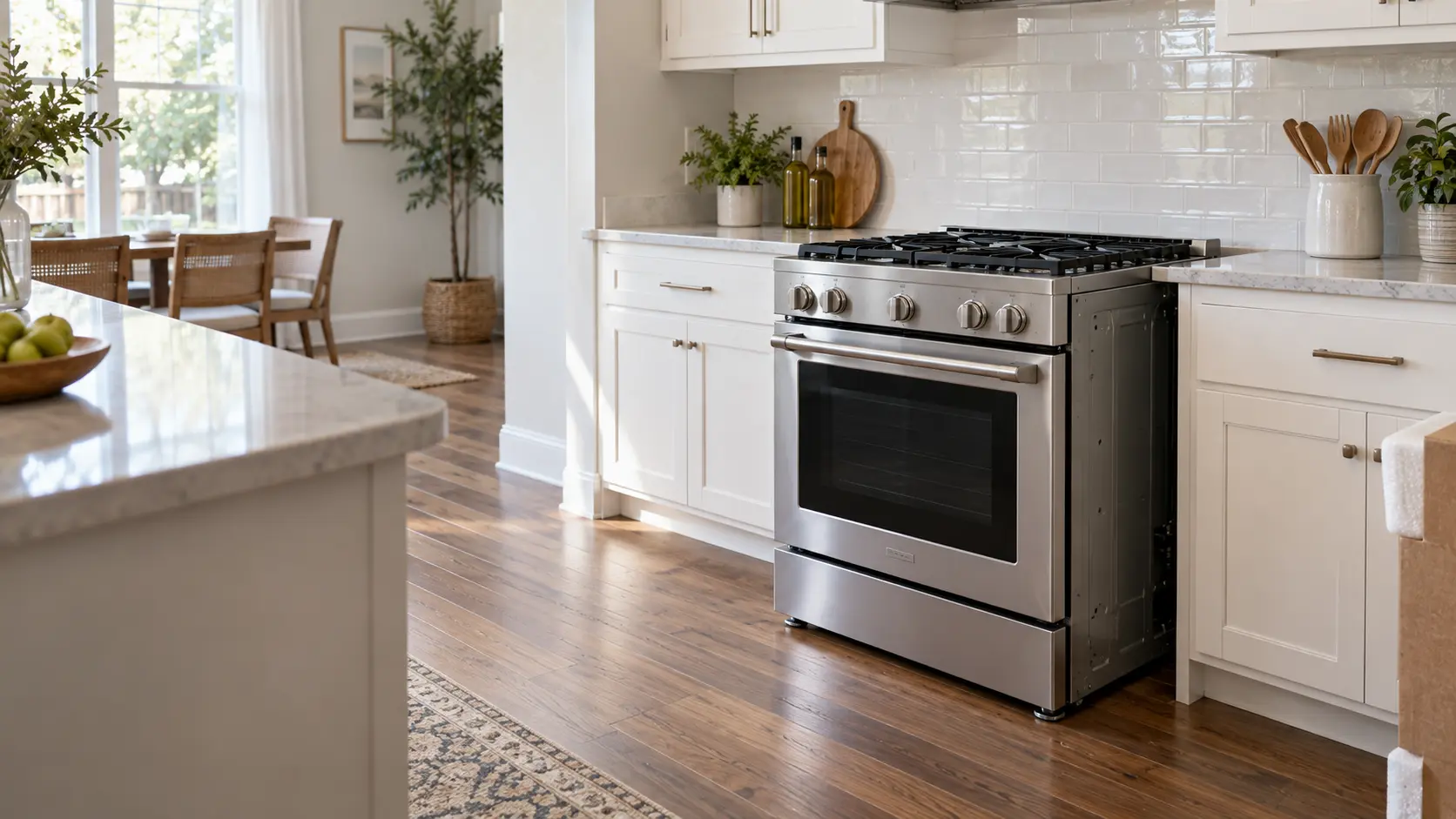 A Houston family kitchen with a new gas range being pulled into place, seen from across the room.