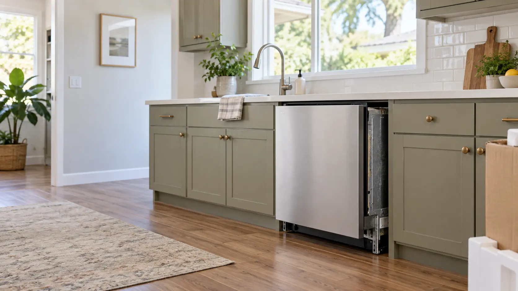 A Los Angeles ranch-house kitchen with a new dishwasher going under the counter, seen from across the room.
