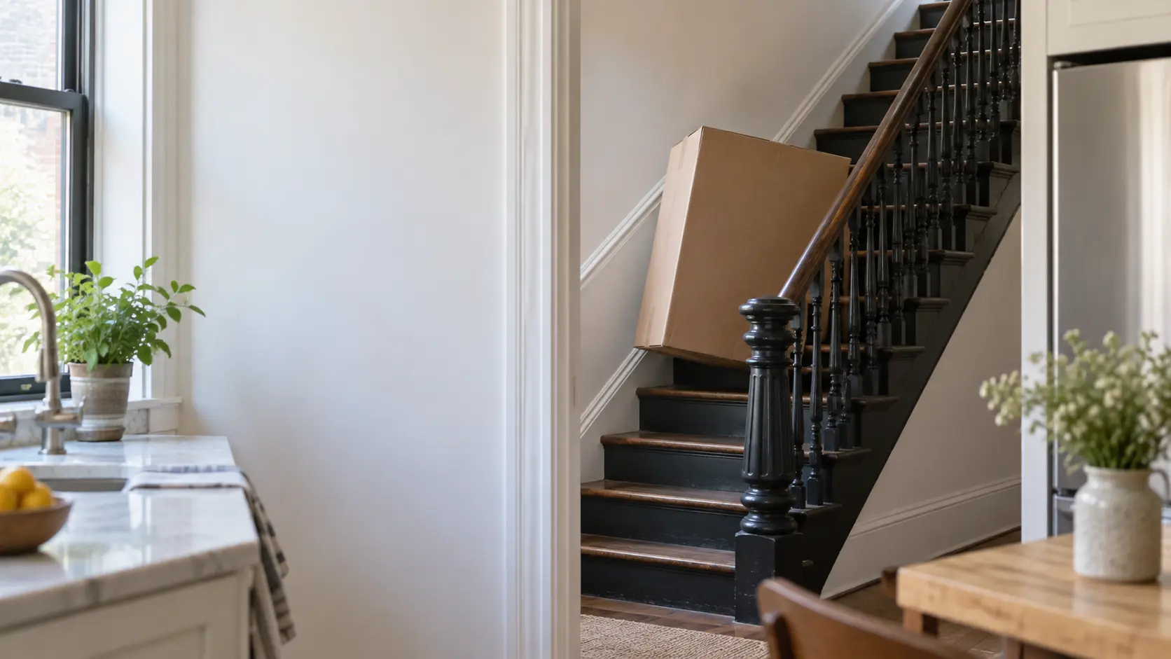 A New York walk-up stairwell with a boxed dishwasher being carried up, seen from across the room.