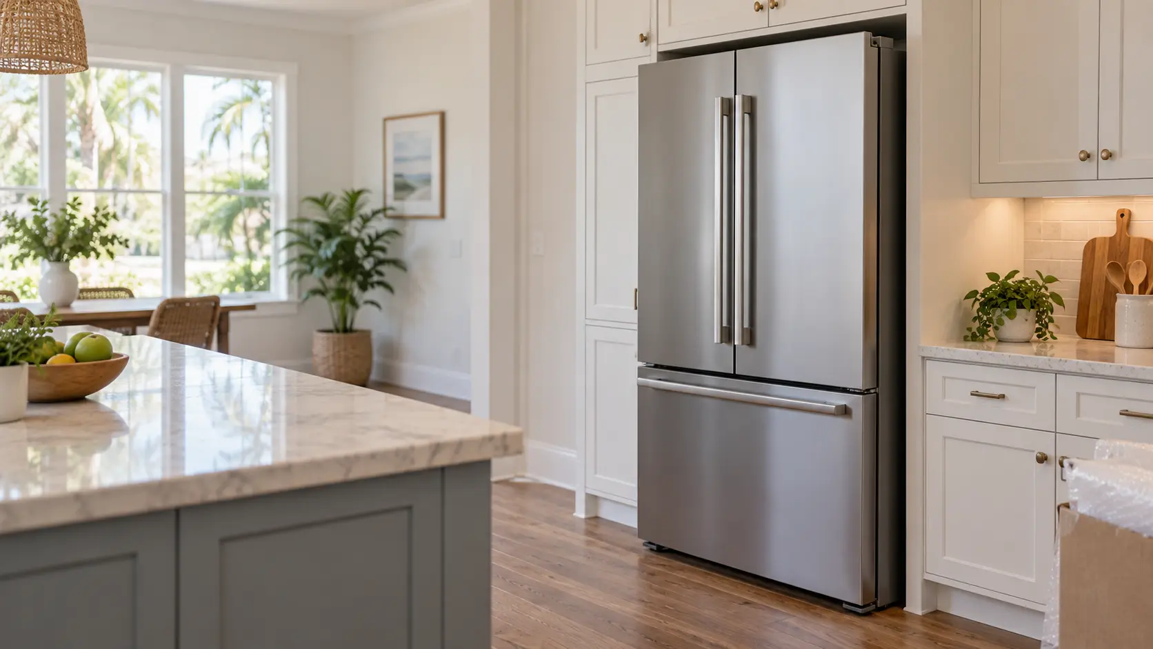 An Orlando family kitchen with a new refrigerator being eased into its opening, seen from across the room.