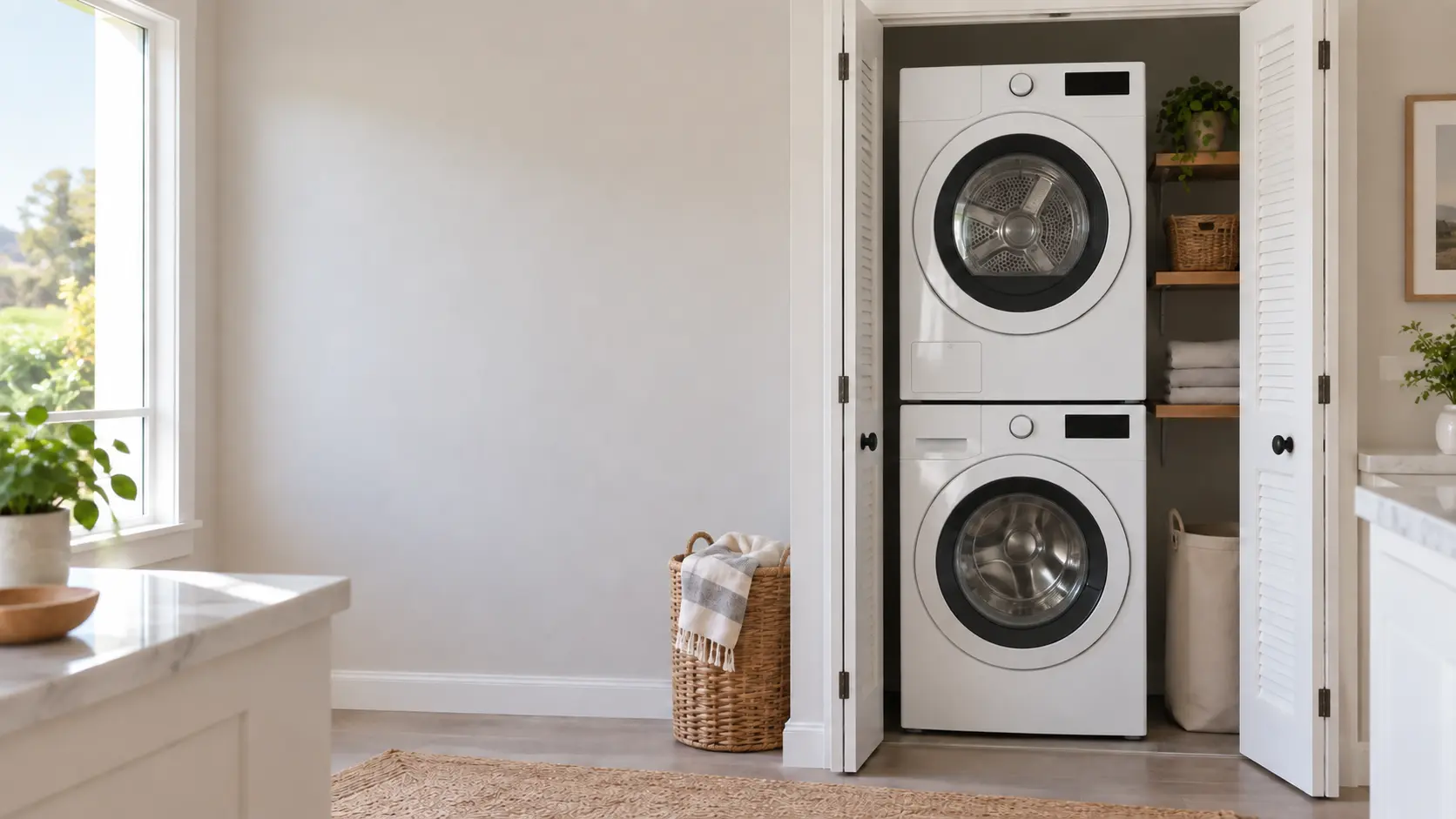 A San Diego home's laundry closet with a new stacked washer and dryer, seen from across the room.