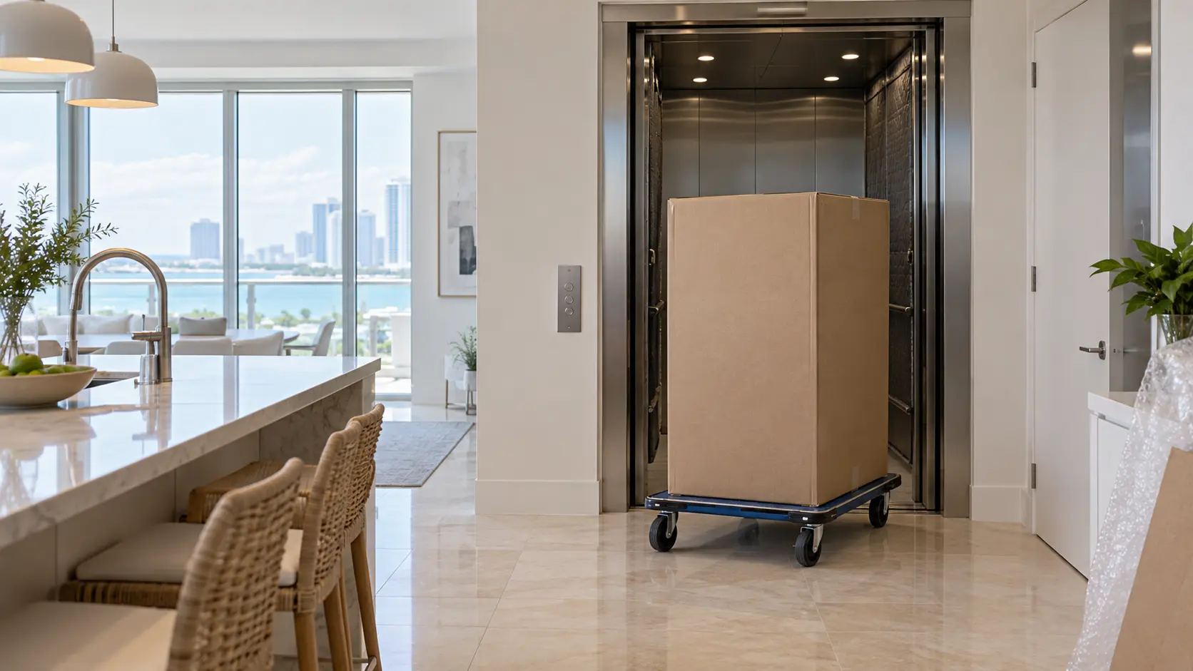 A Miami condo tower's service elevator with a boxed appliance on a dolly, seen from across the room.