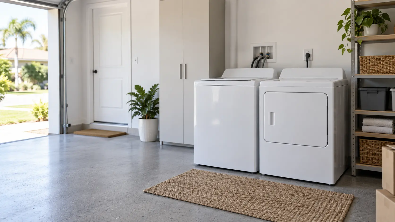 A Tampa Bay ranch home's garage with a new washer and dryer being set in place, seen from across the room.
